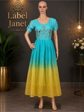 Brand New Yellow Ombre Embroidered Midi Dress ( L upto XL)